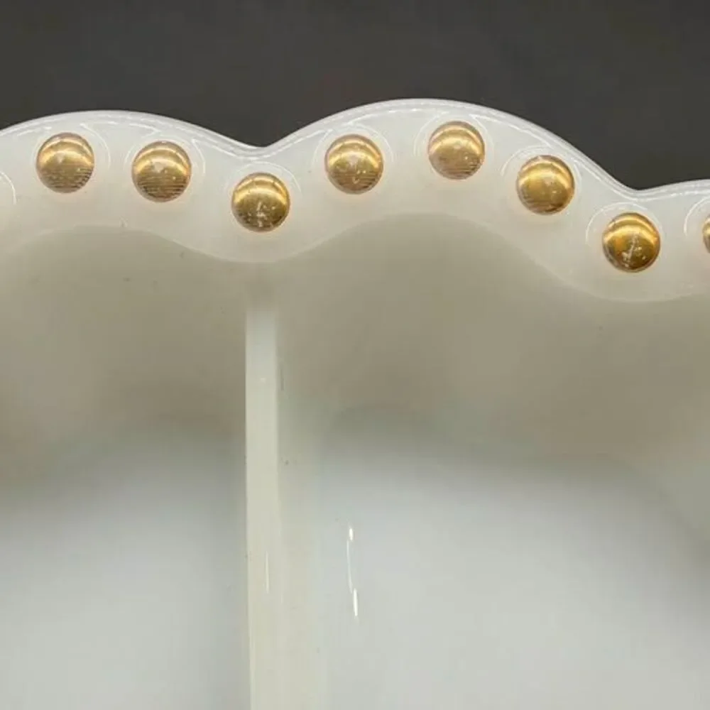 Vintage Fire-King Milk Glass Gold Beaded Divided Relish Dish